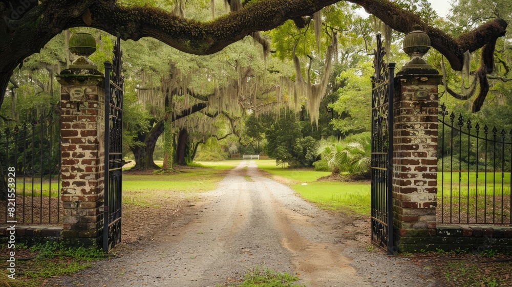 Obraz premium Rustic brick gates open to tranquil tree-lined pathway under hanging moss