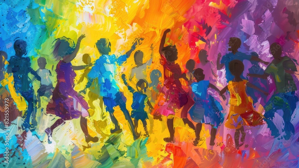 Colorful abstract painting of diverse children dancing with vibrant backgrounds Colorful abstract painting of diverse children dancing with vibrant backgrounds