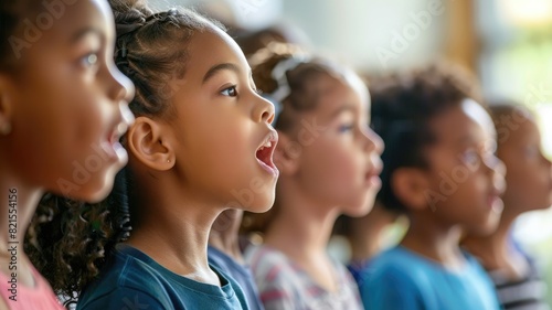 Diverse group of children singing together in classroom