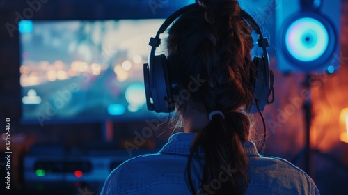 Gamer with headphones immersed in a video game, playing on a large screen with vibrant colors and LED-lit room ambiance. photo