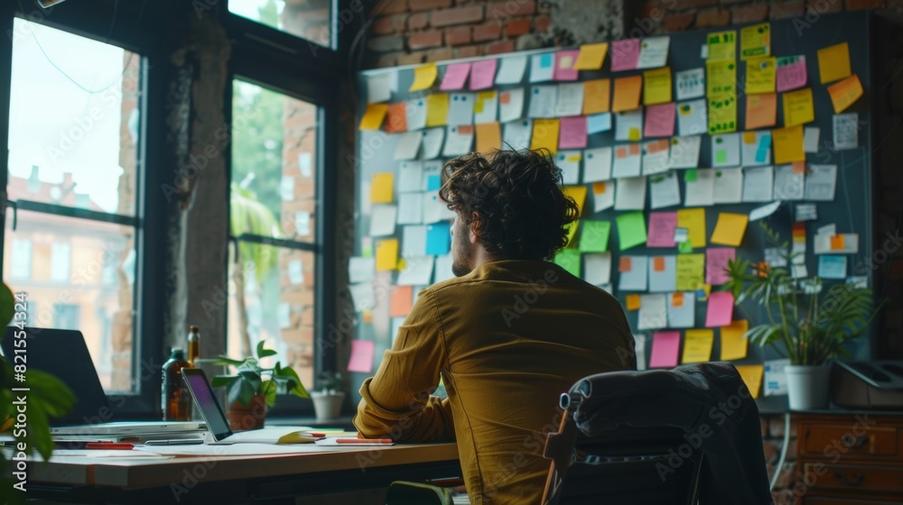 Man brainstorming in a cozy office with a wall full of colorful sticky notes and plants for inspiration. Man brainstorming in a cozy office with a wall full of colorful sticky notes and plants for inspiration.