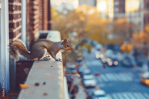 A squirrel navigates a narrow ledge of a building, with a bustling city scene below, showcasing the coexistence of urban life and wildlife photo