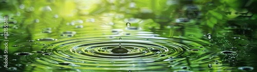 Abstract background with water ripples and raindrops on a green surface. Water droplets in the shape of a spiral or labyrinth, blurred nature landscape with a forest or bamboo forest at a foggy mornin photo