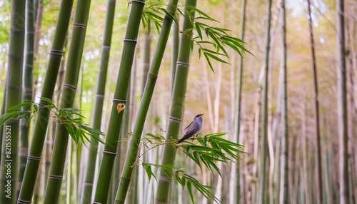 The picture painted in the traditional Japanese style. The little bird sat on a flexible stalk of bamboo in the wind in the bamboo grove