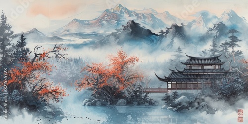 japanese landscape  Japanese watercolor  black  terracotta  gray-blue