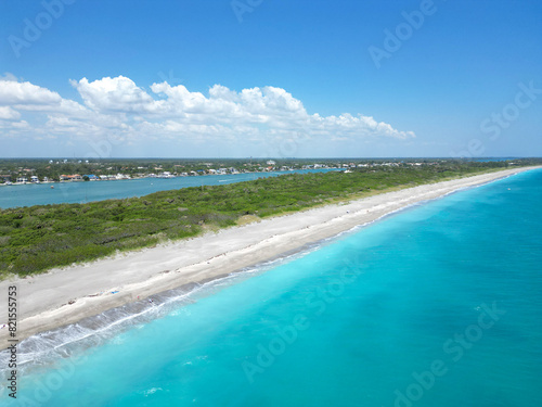 Aerial view of the intracoastal waterway and beach near Blowing Rocks Nature Preserve sanctuary on the barrier island of Jupiter Island in Palm Beach County, Florida photo