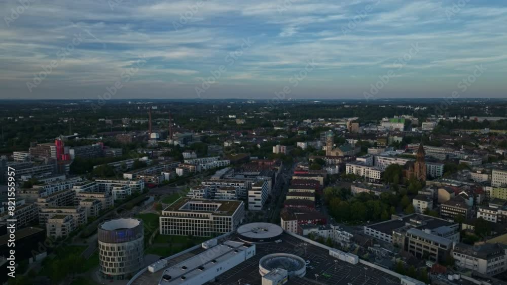 Aerial drone view of Essen city center, also known as Essen-Stadtkern, in Germany at sunset. Aerial drone view of Essen city center, also known as Essen-Stadtkern, in Germany at sunset.