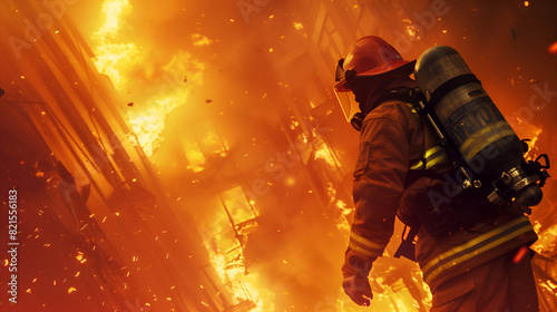 A firefighter battling a raging inferno in an urban high-rise photo