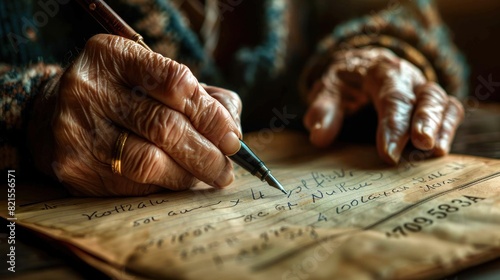 Old woman's hand is writing on a book