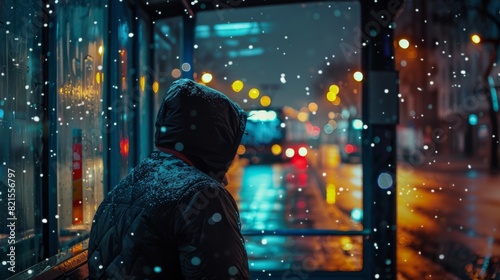 A lone individual stands at a bus stop on a snowy night, the street lights creating a bokeh effect against the falling snow and the figure's silhouette recognizable against the illuminated backdrop photo