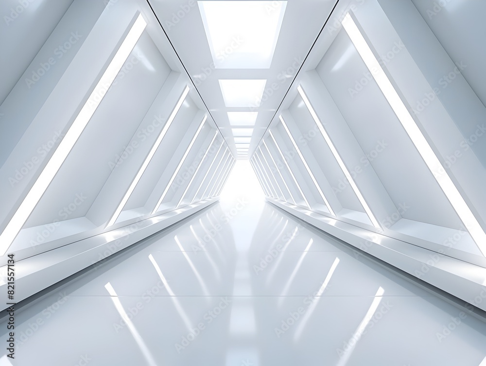 Obraz premium Futuristic Sci-Fi Triangle Tunnel with Illuminated Modern White Corridor and Minimalist Architecture