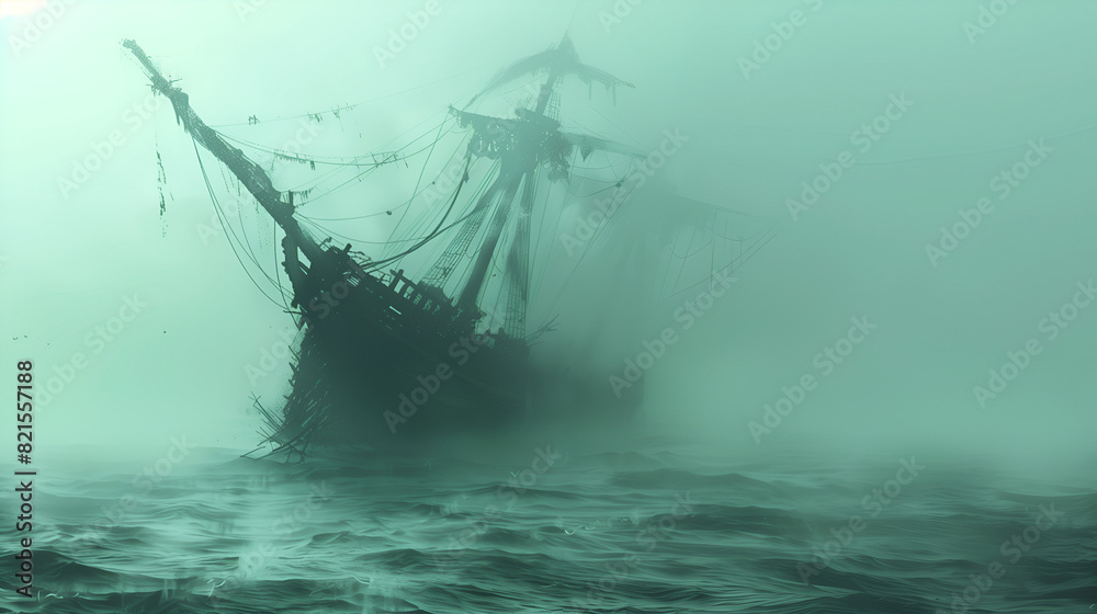 Obraz premium wooden ship sinking in misty sea