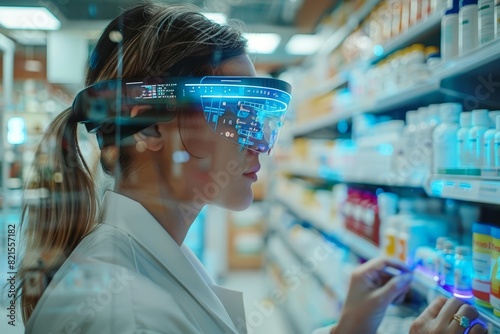 A closeup of a pharmacist using augmented reality glasses to check a prescription