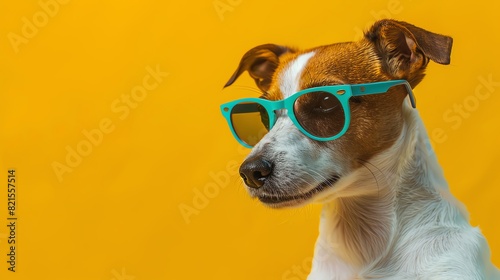 A cute dog wearing colorful glasses and summer in the style of yellow background, copy space concept for pet fashion design. The photo was taken with a Nikon D750. photo