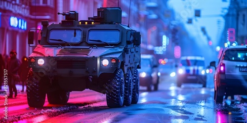City street with a military vehicle. Concept Military Vehicle, Urban Landscape, Street Photography, Cityscape, Historical Setting
