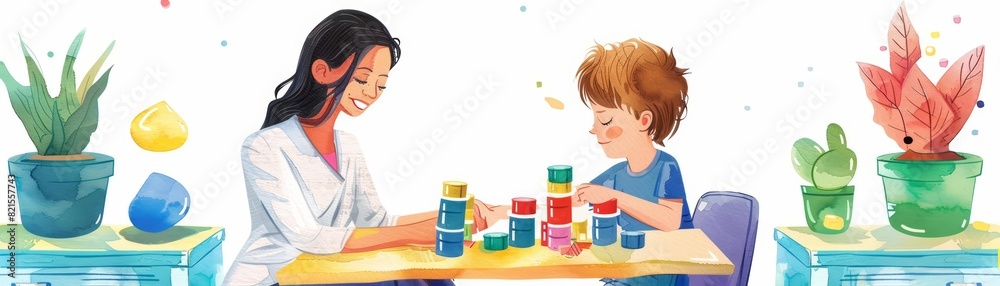 A cute water color of an occupational therapist, helping a child with sensory activities, in a colorful and engaging therapy room, Clipart isolated on white A cute water color of an occupational therapist, helping a child with sensory activities, in a colorful and engaging therapy room, Clipart isolated on white