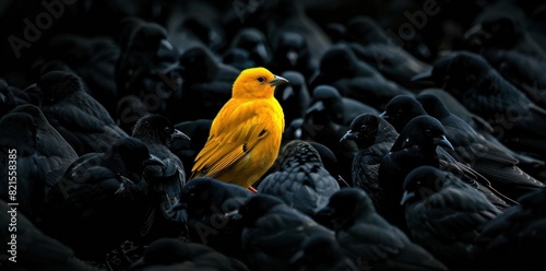 A solitary yellow bird surrounded by a flock of black crows in a dark field, symbolizing contrast and diversity in nature photo