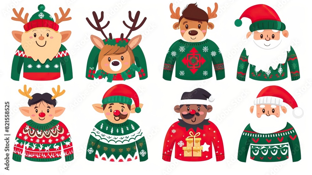 Christmas jumper with reindeer, elf, Santa head and hat vector cartoon set isolated on a white background Christmas jumper with reindeer, elf, Santa head and hat vector cartoon set isolated on a white background