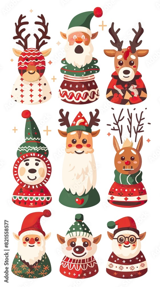 Christmas jumper with reindeer, elf, Santa head and hat vector cartoon set isolated on a white background Christmas jumper with reindeer, elf, Santa head and hat vector cartoon set isolated on a white background