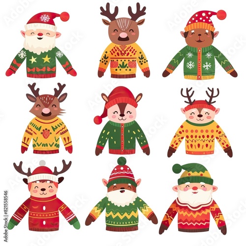 Christmas jumper with reindeer  elf  Santa head and hat vector cartoon set isolated on a white background