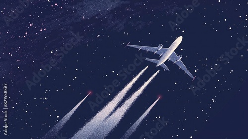 Illustration of an airplane flying in the night sky, leaving behind two trails of smoke. The plane is shown from below against stars and darkness.