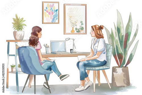 A kawaii water color of a mental health counselor, calmly listening to a client, in a tranquil office adorned with calming artwork, Clipart isolated on white