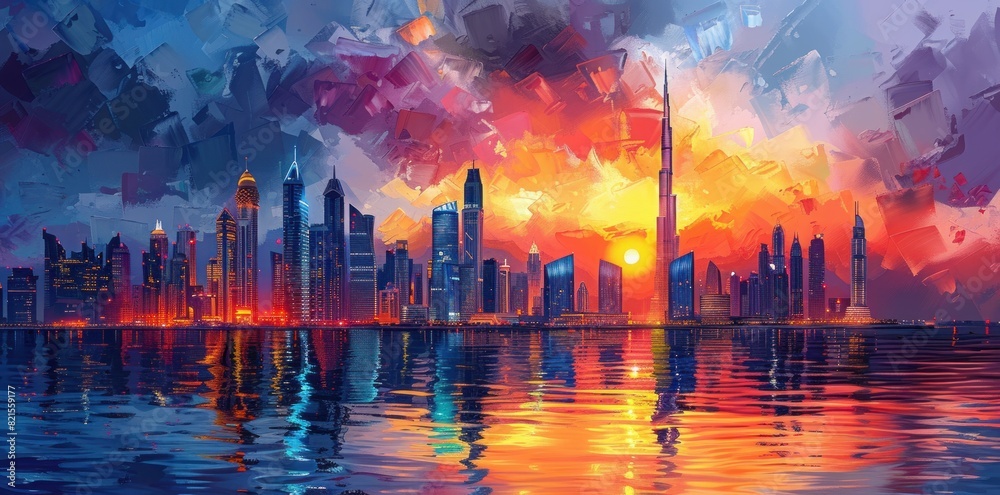 Painting of a city view in the afternoon Painting of a city view in the afternoon