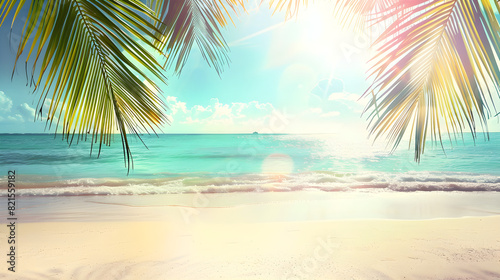 A sunny tropical beach with palm leaves and a paradise atmosphere  perfect for vacation and relaxation.