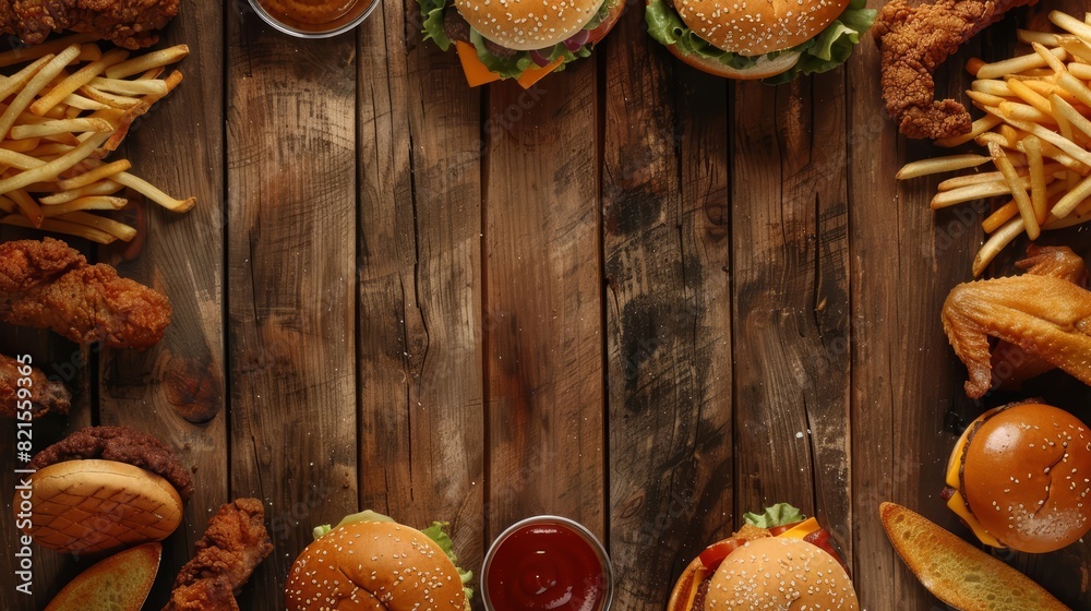 A topview image with a large copy space in the middle for text The fast food items are arranged around the edges of the image A topview image with a large copy space in the middle for text The fast food items are arranged around the edges of the image