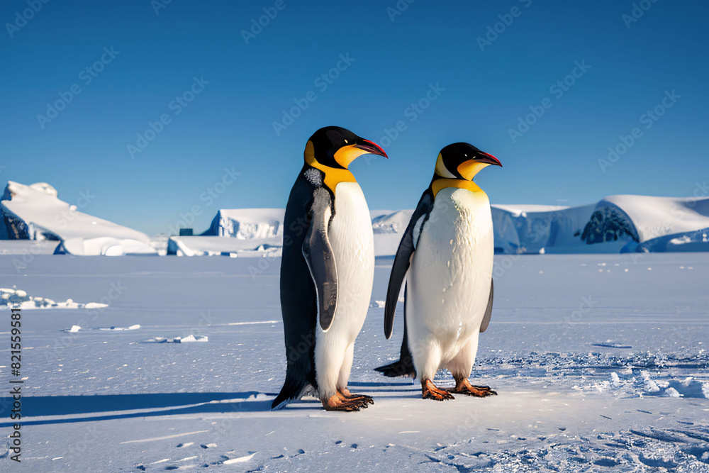 Fototapeta premium Adorable penguins huddle together on the icy expanse of Antarctica
