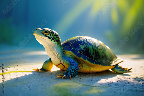 A slow reptile with a shell, found in various habitats like basking on rocks, swimming in water, or munching on grass photo