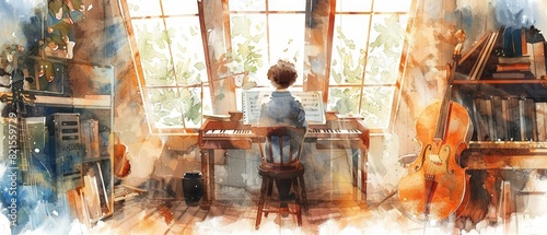 A water color of a musician, composing music, in a cozy attic studio with instruments and sheet music scattered around, Clipart isolated on white