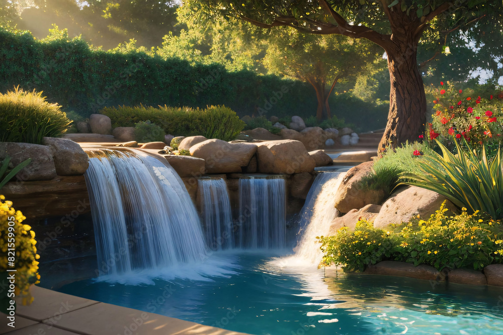 Naklejka premium A cascading waterfall tumbles down moss-covered rocks in a lush green forest