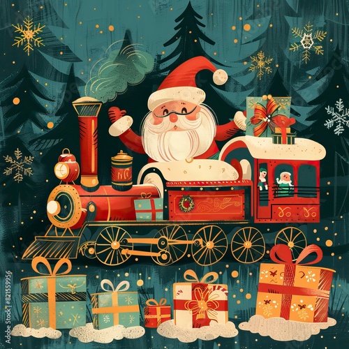 Christmas decorative banner with funny Santa Claus, nutcracker, locomotive and gift boxes --ar 1:1 --style raw Job ID: 45456195-d1ca-416c-ab09-b18334ff8ae5