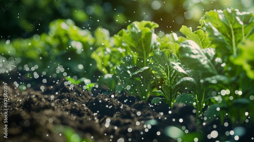 Fresh green lettuce plants growing in a garden with water droplets sparkling in sunlight. Lush and vibrant outdoor vegetable garden. Fresh green lettuce plants growing in a garden with water droplets sparkling in sunlight. Lush and vibrant outdoor vegetable garden.