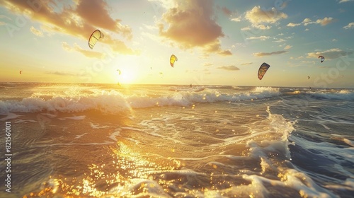 Kite surfers in action on the sea, wind and waves in the sunset light. Kitesurfing sport concept. , real photo photo