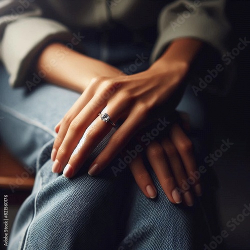 Bright Moment: Perfectly Lit Shot of an Engagement Ring on a Woman’s Finger, Her Hands Gently Resting on Her Knees