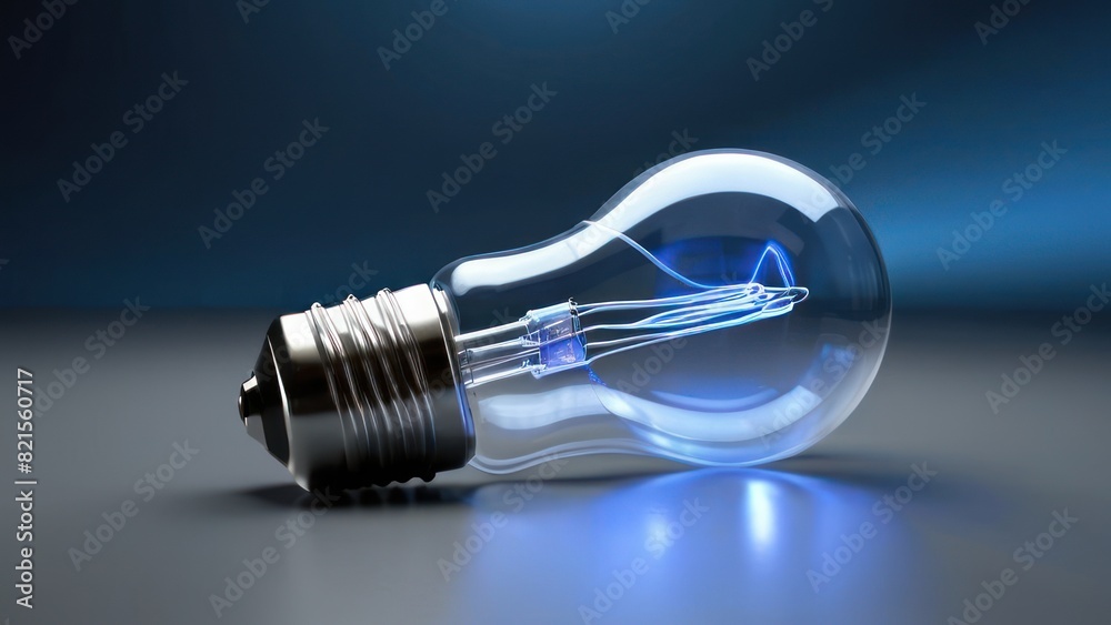 A transparent light bulb showing its filament against a futuristic, blue and silver metallic background. A transparent light bulb showing its filament against a futuristic, blue and silver metallic background.