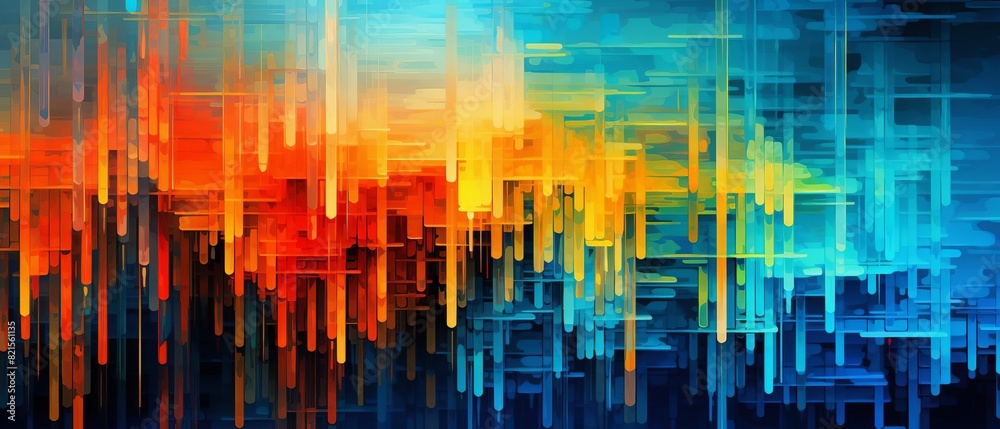 Vibrant abstract artwork with dynamic, colorful lines and patterns in a gradient from warm to cool tones.