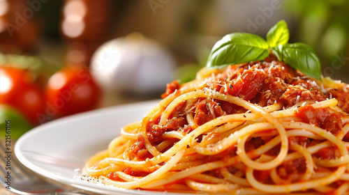 Spaghetti in tomato pork sauce in white plate.