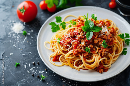 Spaghetti in tomato pork sauce in white plate.