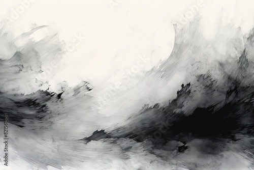 Monochrome abstract ink painting with swirling black and white patterns, depicting a dynamic and fluid artistic expression.