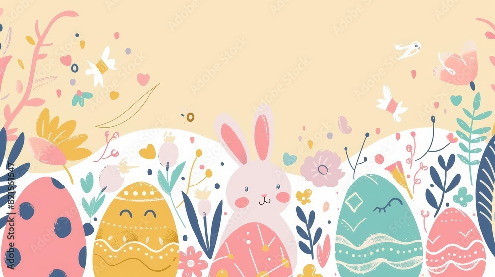 Minimal blank template card for Easter Sunday in cute styles, featuring elements of Easter eggs and bunny icons, with a large copy space on center for text Minimal blank template card for Easter Sunday in cute styles, featuring elements of Easter eggs and bunny icons, with a large copy space on center for text