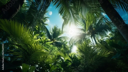 Lush tropical palm trees with sunlight filtering through the leaves  creating a serene and vibrant natural landscape.