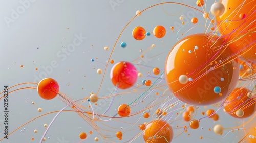 Minimalist composition of abstract shapes and orange spheres, with colorful wires on a gray background. Abstract conceptual art with 3D objects, viewed from a low angle.