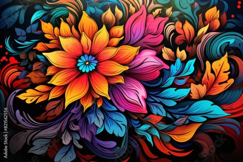 Vibrant and colorful floral artwork featuring a stunning array of flowers and leaves in a dynamic, abstract composition.