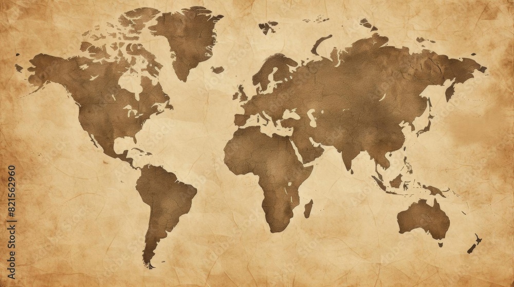 Fototapeta premium Vintage world map on aged parchment texture, highlighting continents and countries. Perfect for educational, travel, and historical use.