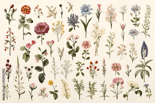 Beautiful vintage botanical illustration with various colorful flowers and plants on a light background. Perfect for design and decor projects.