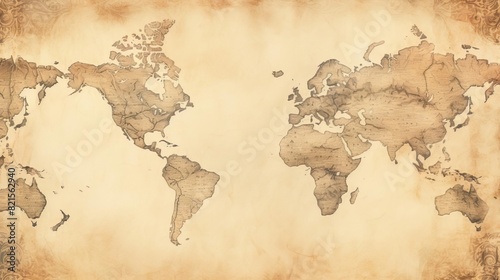 Vintage world map illustration with detailed continent outlines  aged parchment background  and sepia tones. Perfect for educational and decorative use.