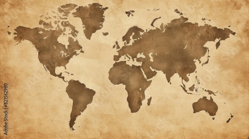 Vintage world map on aged parchment texture  highlighting continents and countries. Perfect for educational  travel  and historical use.